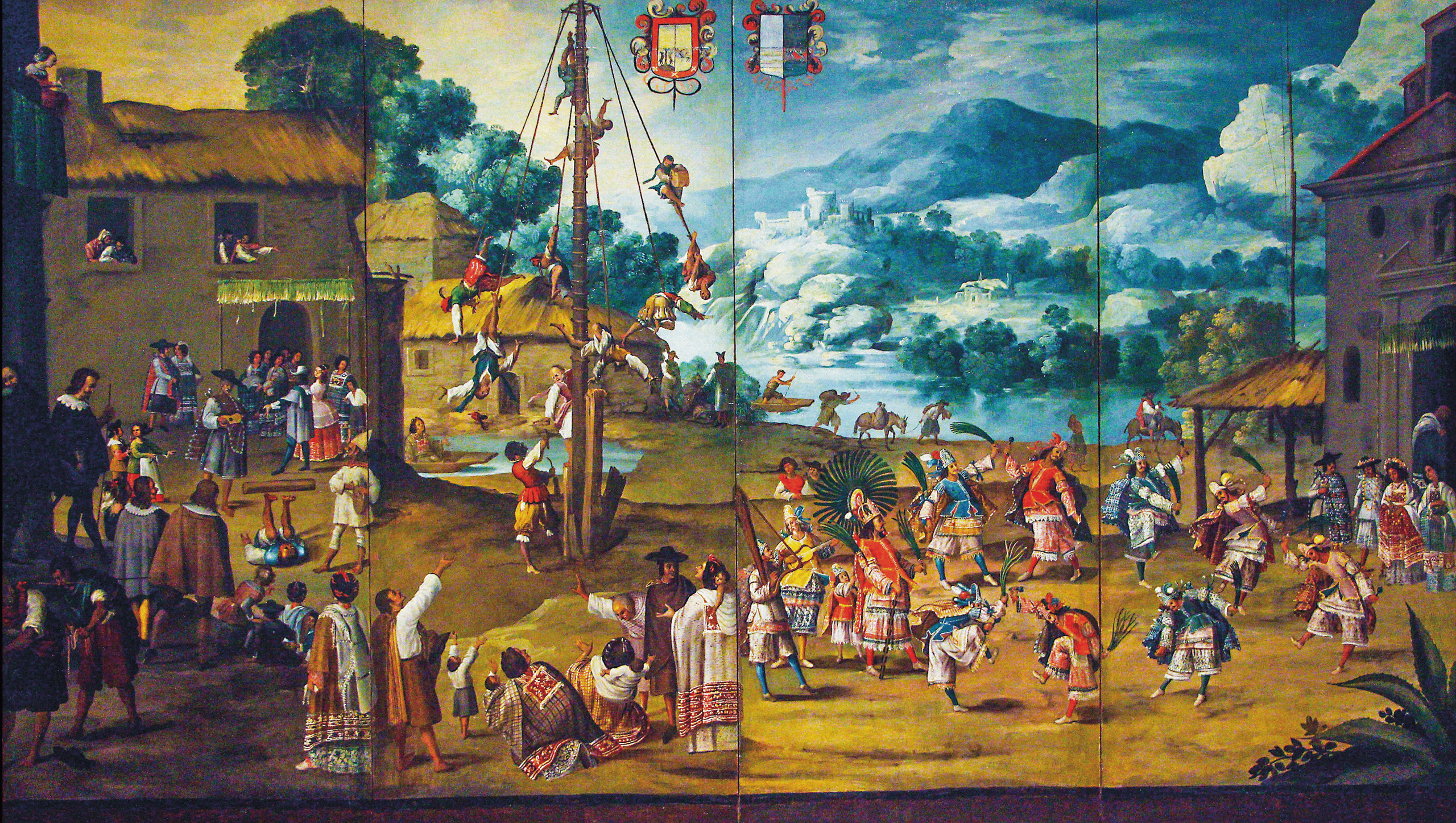 Biombo: Boda indígena, palo volador y mitote o danza de Moctezuma, s. XVII. Autor desconocido / Repositorio Memórica, Fotografía de Miguel Gleason. Original del LACMA.